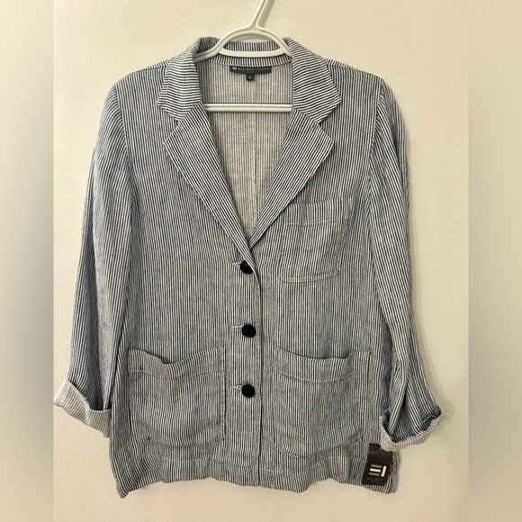 Elliott Lauren Womens Blazer Blue & White Linen Button Front Striped Jacket NWT‎ - Picture 6 of 7